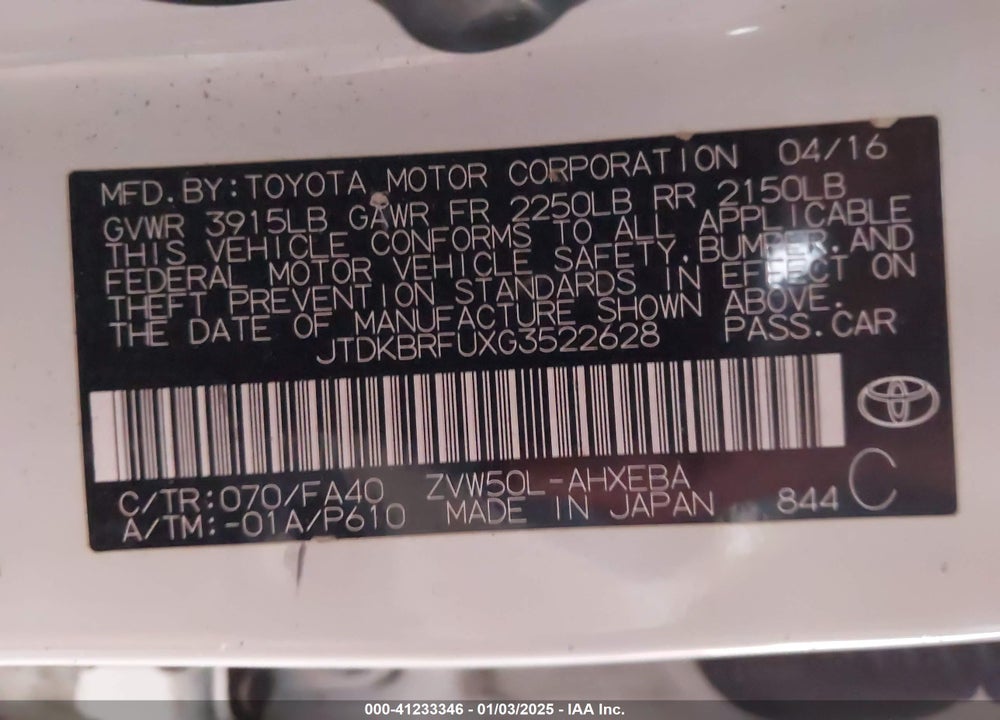 2016 TOYOTA PRIUS TWO VIN: JTDKBRFUXG3522628