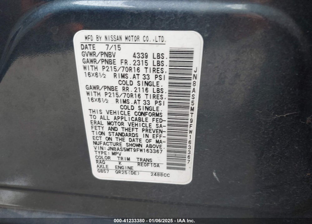 2015 NISSAN ROGUE SELECT S VIN: JN8AS5MT9FW163367