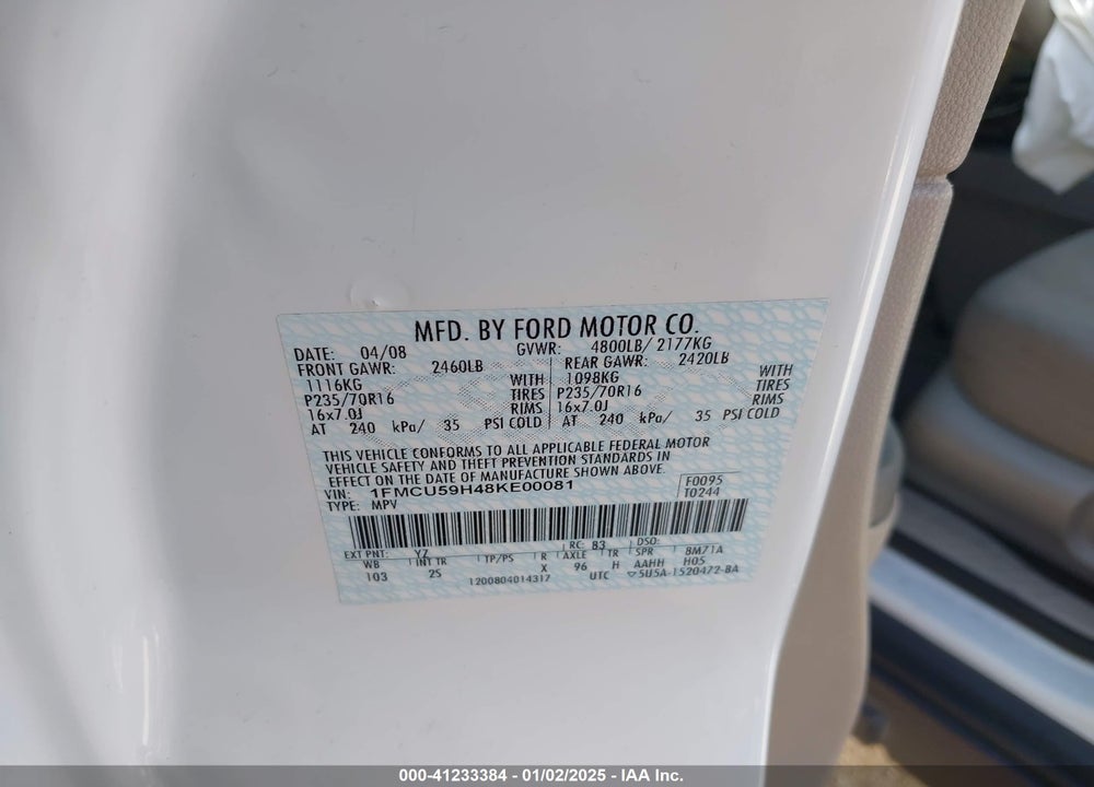 2008 FORD ESCAPE HYBRID VIN: 1FMCU59H48KE00081
