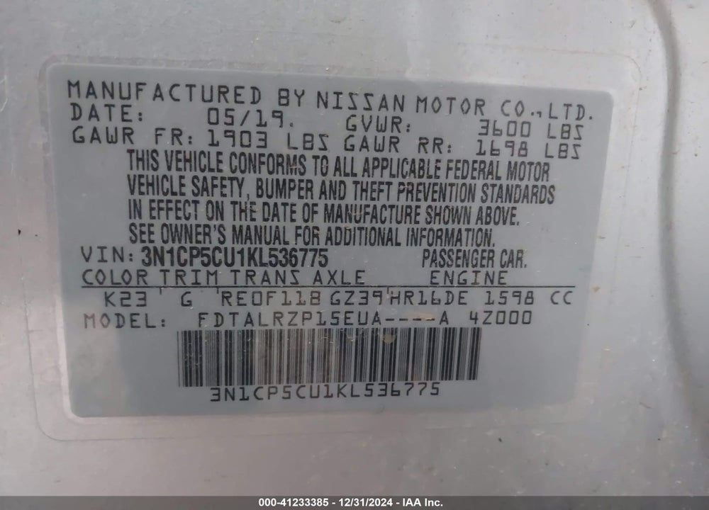 2019 NISSAN KICKS S VIN: 3N1CP5CU1KL536775