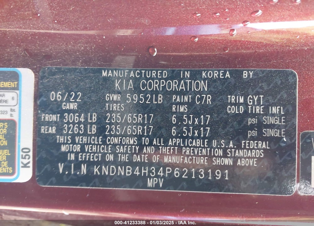 2023 KIA CARNIVAL MPV LX SEAT PACKAGE VIN: KNDNB4H34P6213191