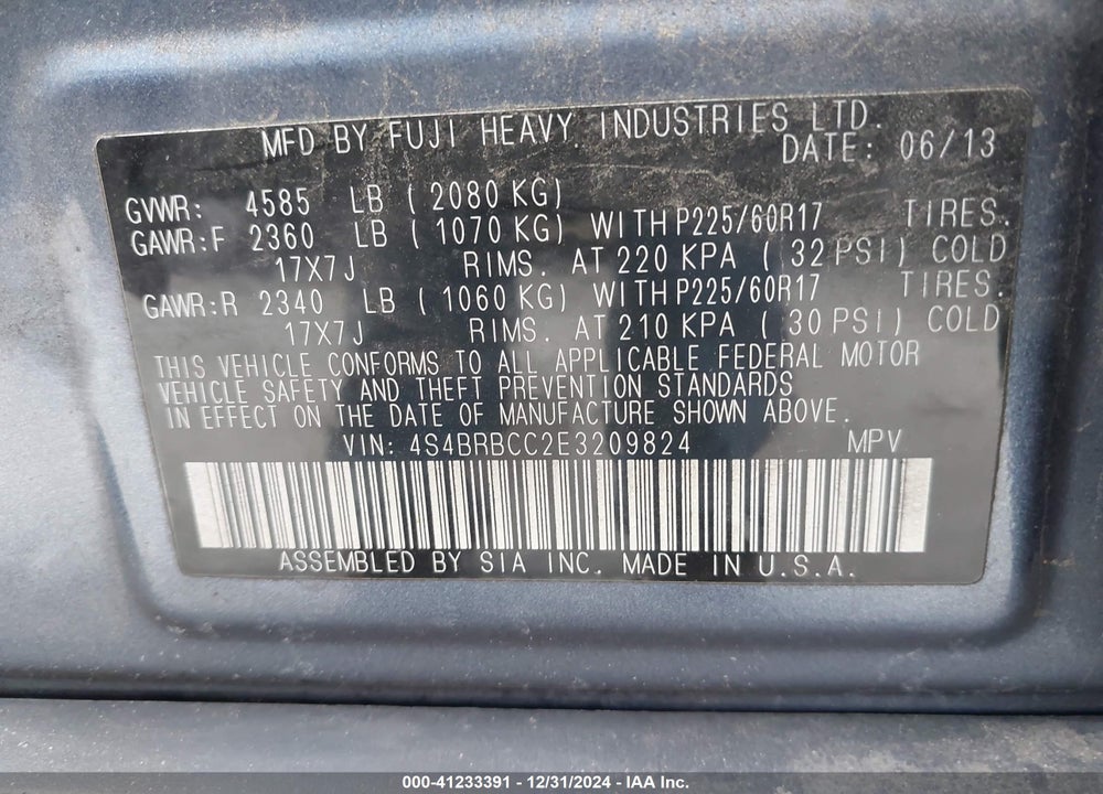 2014 SUBARU OUTBACK 2.5I PREMIUM VIN: 4S4BRBCC2E3209824