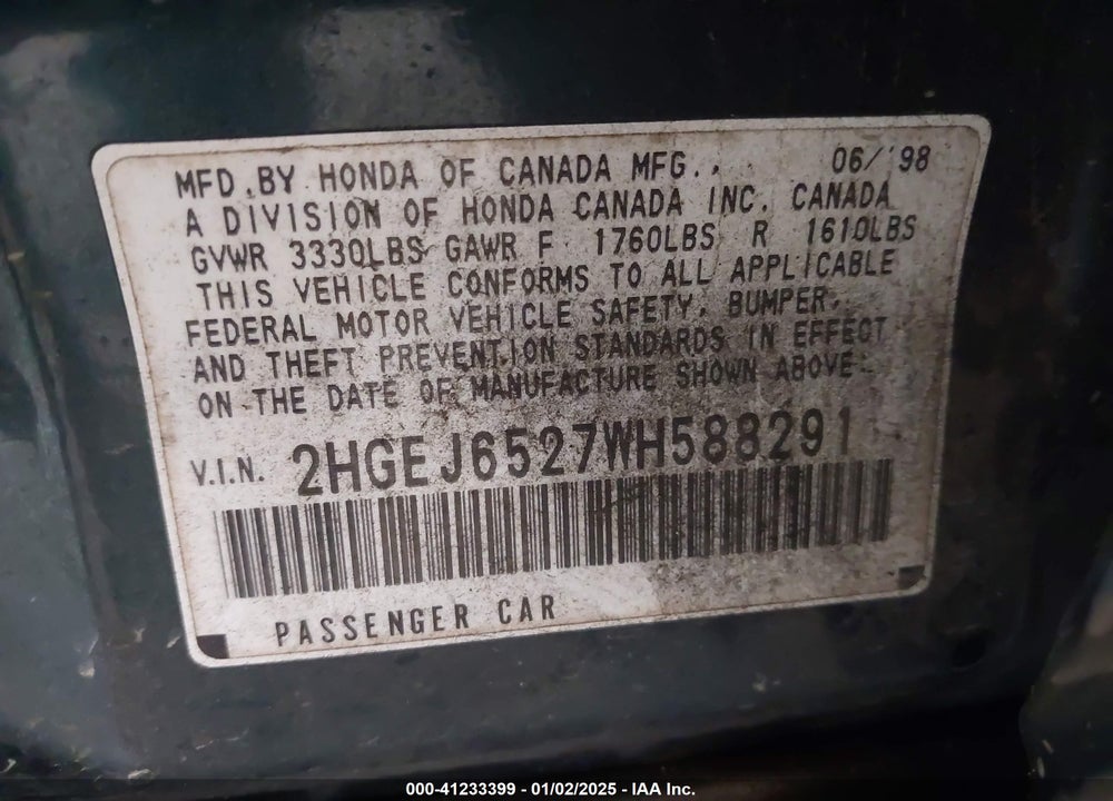 1998 HONDA CIVIC DX VIN: 2HGEJ6527WH588291