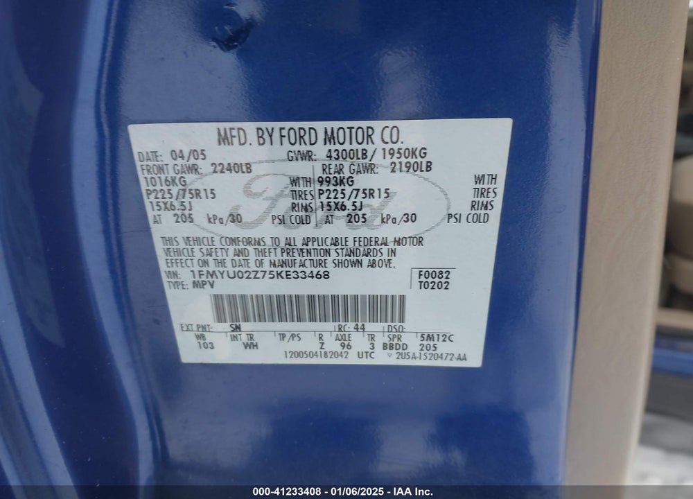 2005 FORD ESCAPE XLS VIN: 1FMYU02Z75KE33468