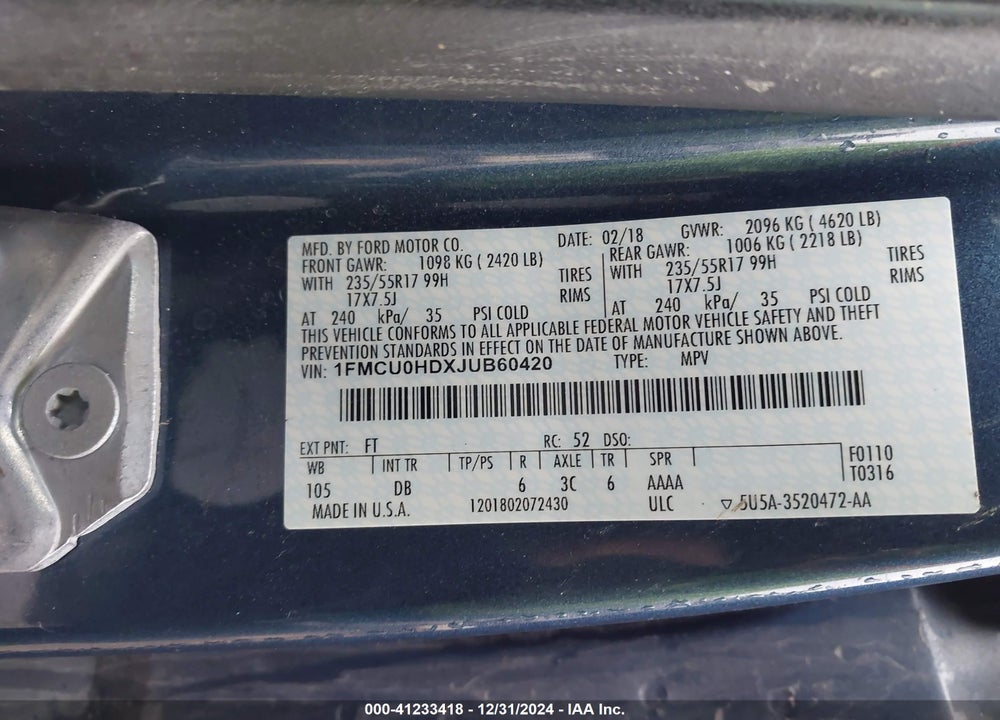 2018 FORD ESCAPE SEL VIN: 1FMCU0HDXJUB60420