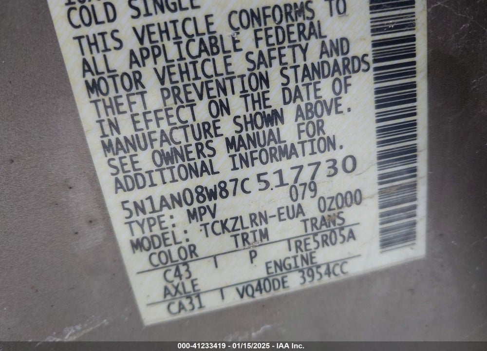 2007 NISSAN XTERRA S VIN: 5N1AN08W87C517730