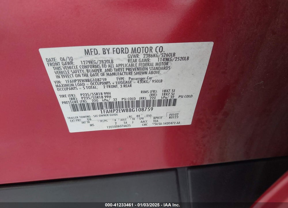 2011 FORD TAURUS SEL VIN: 1FAHP2EW8BG108759
