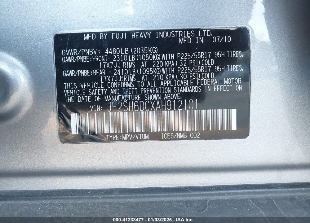 2010 SUBARU FORESTER 2.5X LIMITED VIN: JF2SH6DCXAH912101