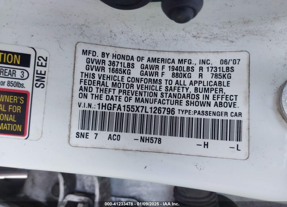2007 HONDA CIVIC LX VIN: 1HGFA155X7L126796