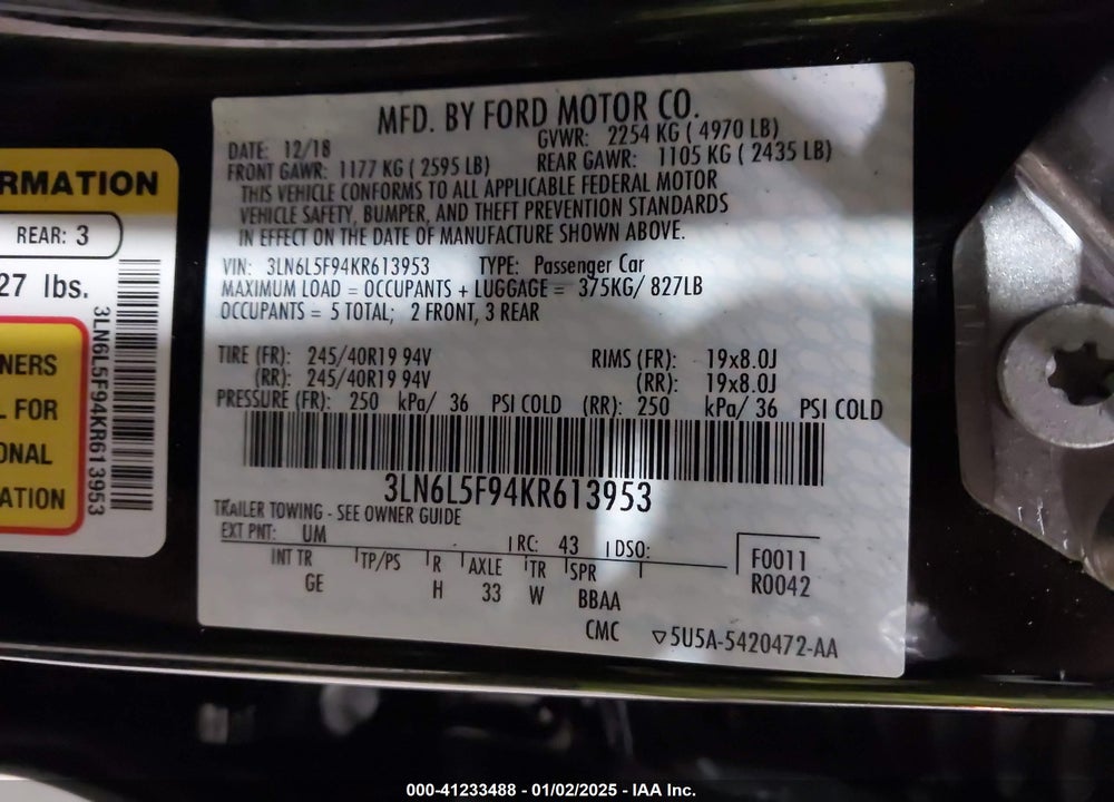 2019 LINCOLN MKZ VIN: 3LN6L5F94KR613953