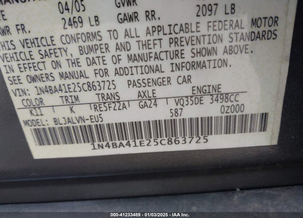 2005 NISSAN MAXIMA 3.5 SE VIN: 1N4BA41E25C863725