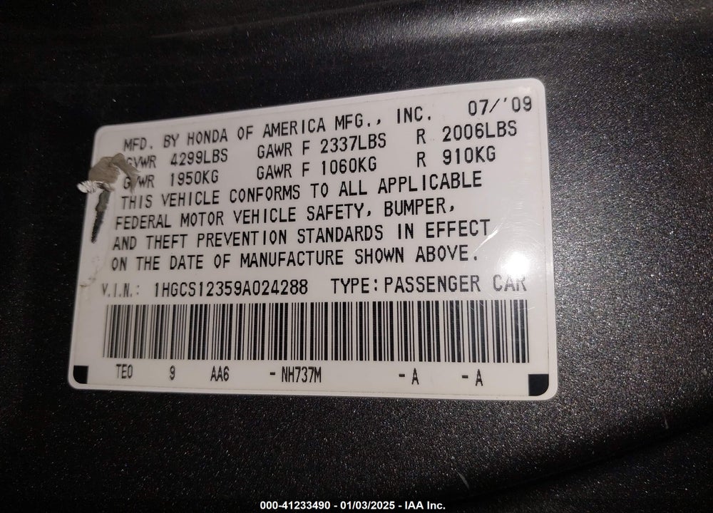 2009 HONDA ACCORD 2.4 LX-S VIN: 1HGCS12359A024288