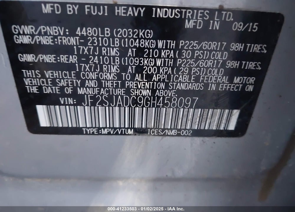 2016 SUBARU FORESTER 2.5I PREMIUM VIN: JF2SJADC9GH458097