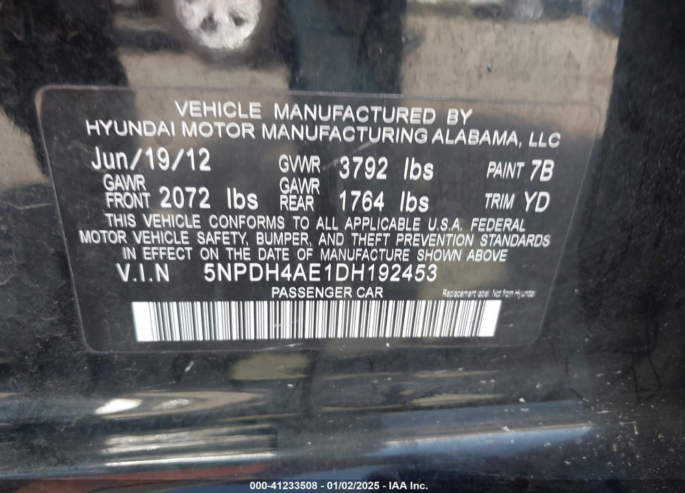 2013 HYUNDAI ELANTRA LIMITED VIN: 5NPDH4AE1DH192453