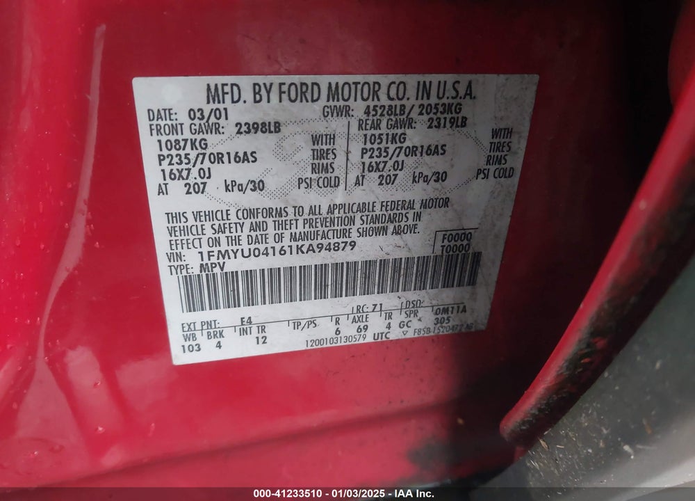 2001 FORD ESCAPE XLT VIN: 1FMYU04161KA94879