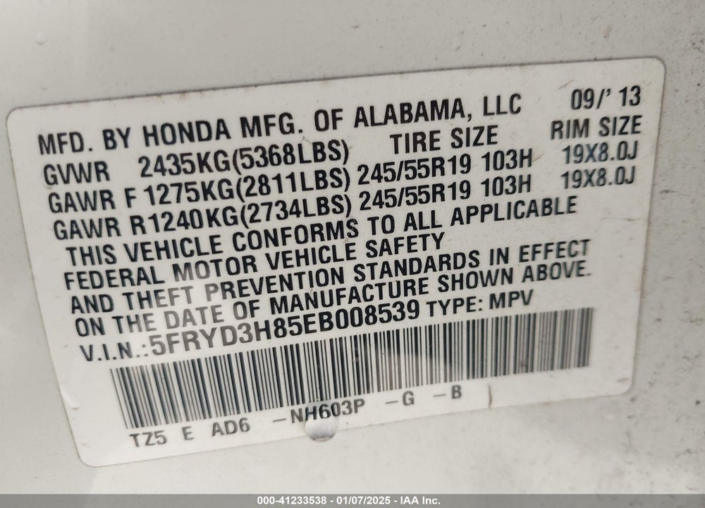 2014 ACURA MDX ADVANCE PKG W/ENTERTAINMENT PKG VIN: 5FRYD3H85EB008539