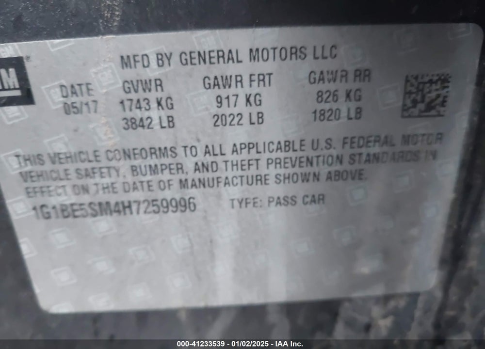 2017 CHEVROLET CRUZE VIN: 1G1BE5SM4H7259996