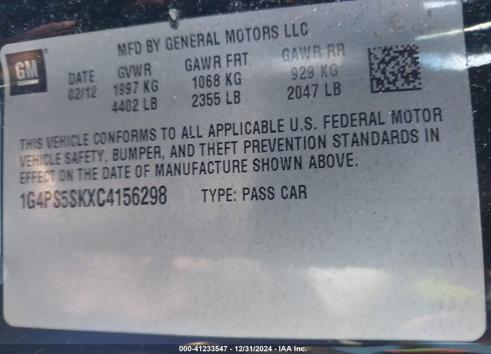 2012 BUICK VERANO LEATHER GROUP VIN: 1G4PS5SKXC4156298
