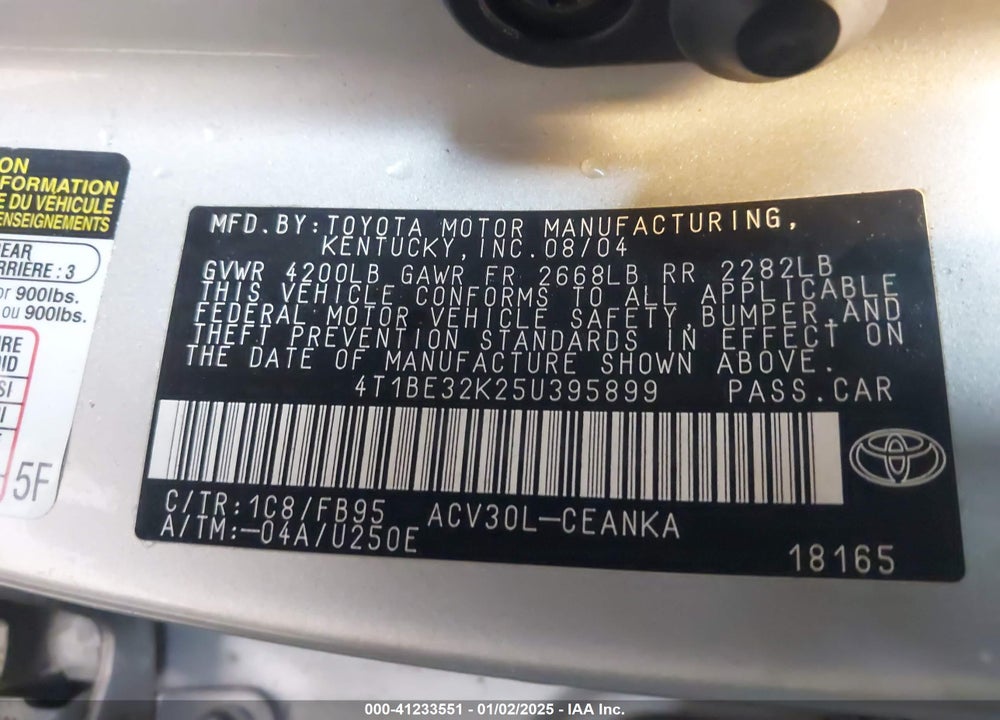 2005 TOYOTA CAMRY LE VIN: 4T1BE32K25U395899