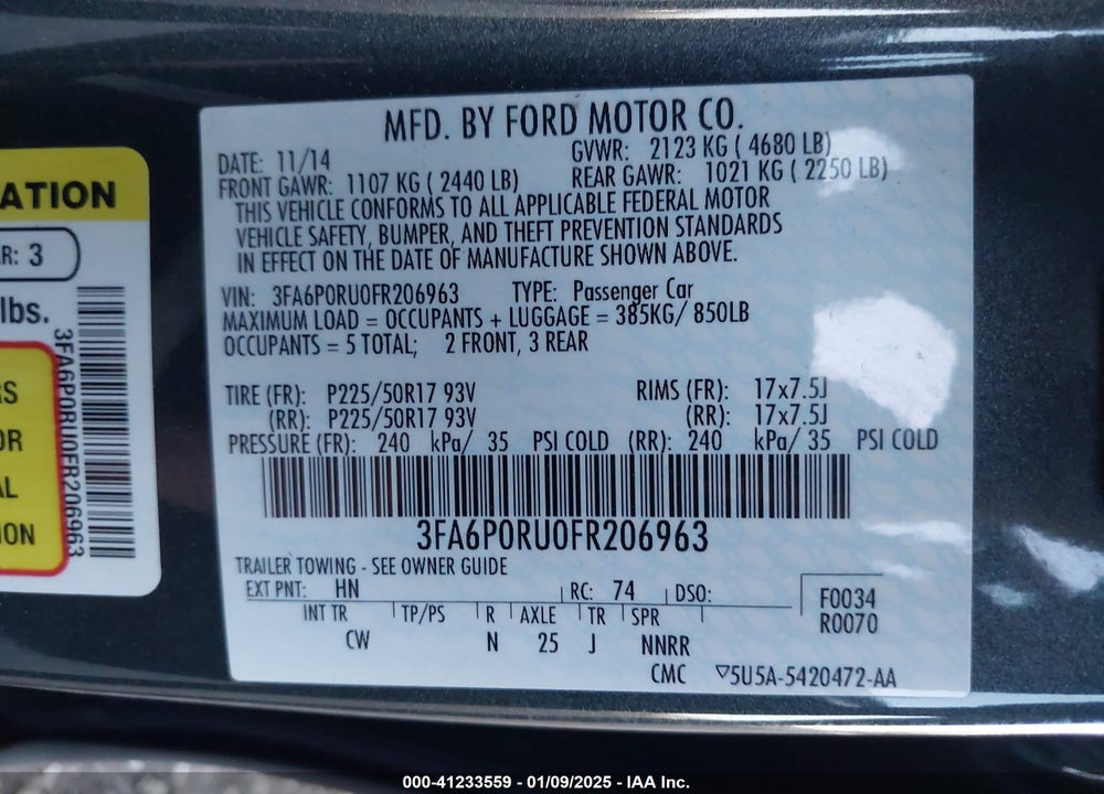 2015 FORD FUSION HYBRID TITANIUM VIN: 3FA6P0RU0FR206963