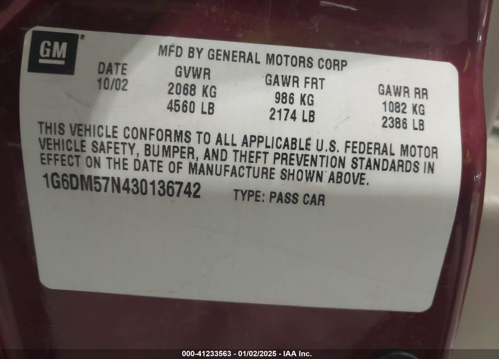 2003 CADILLAC CTS STANDARD VIN: 1G6DM57N430136742