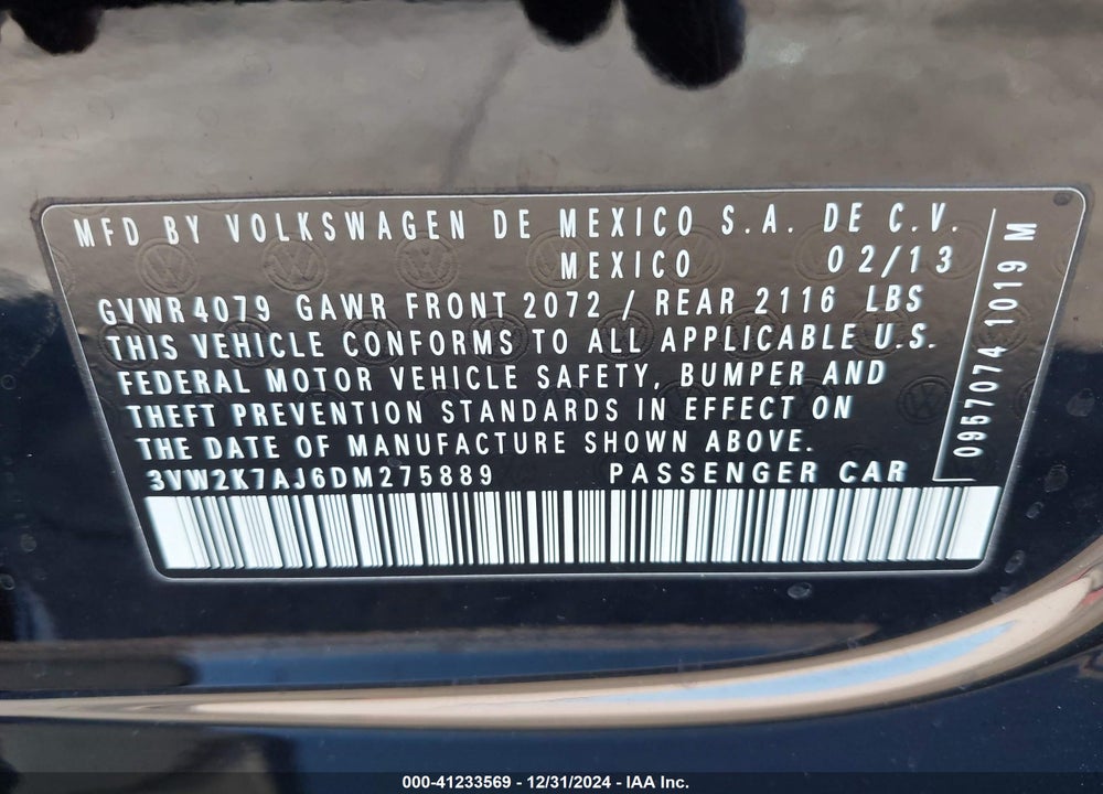 2013 VOLKSWAGEN JETTA 2.0L S VIN: 3VW2K7AJ6DM275889