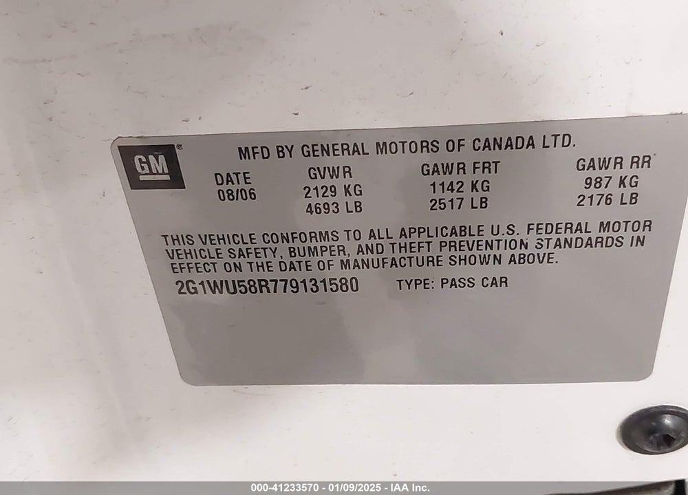 2007 CHEVROLET IMPALA LTZ VIN: 2G1WU58R779131580