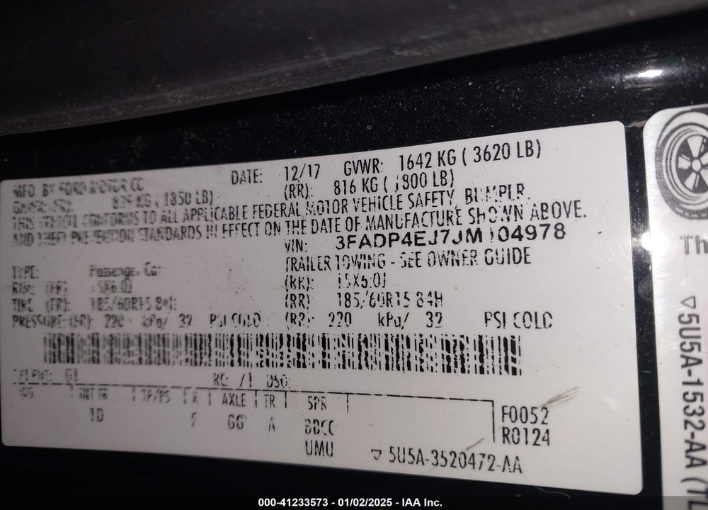 2018 FORD FIESTA VIN: 3FADP4EJ7JM104978