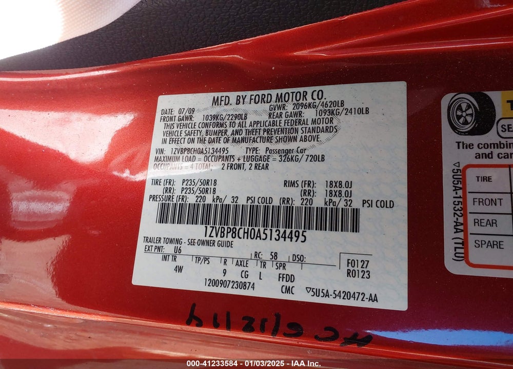 2010 FORD MUSTANG GT/GT PREMIUM VIN: 1ZVBP8CH0A5134495