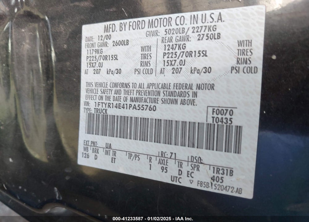2001 FORD RANGER EDGE/XLT VIN: 1FTYR14E41PA55760