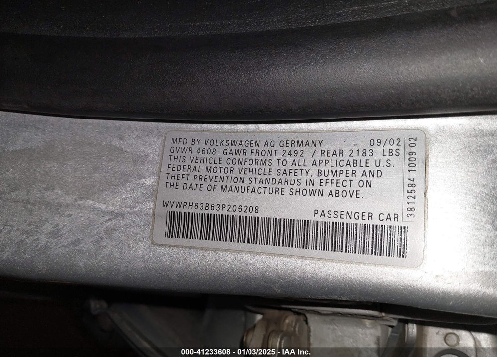 2003 VOLKSWAGEN PASSAT GLX VIN: WVWRH63B63P206208