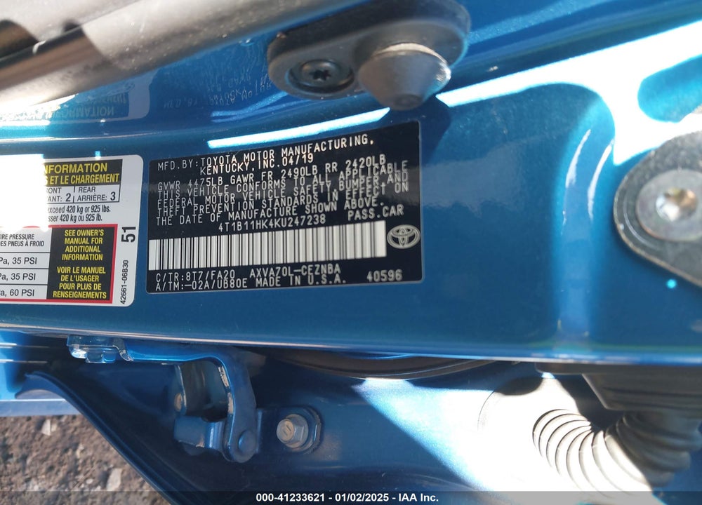 2019 TOYOTA CAMRY VIN: 4T1B11HK4KU247238
