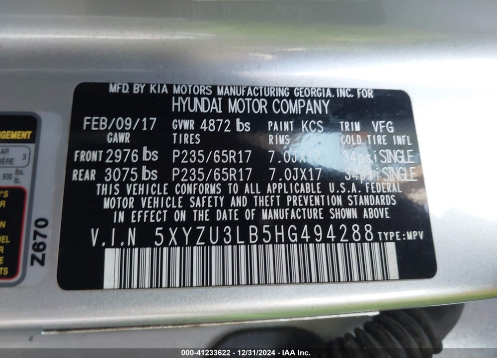 2017 HYUNDAI SANTA FE SPORT 2.4L VIN: 5XYZU3LB5HG494288