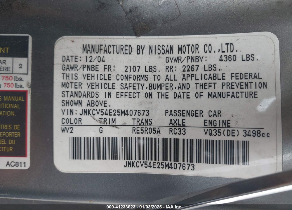 2005 INFINITI G35 VIN: JNKCV54E25M407673