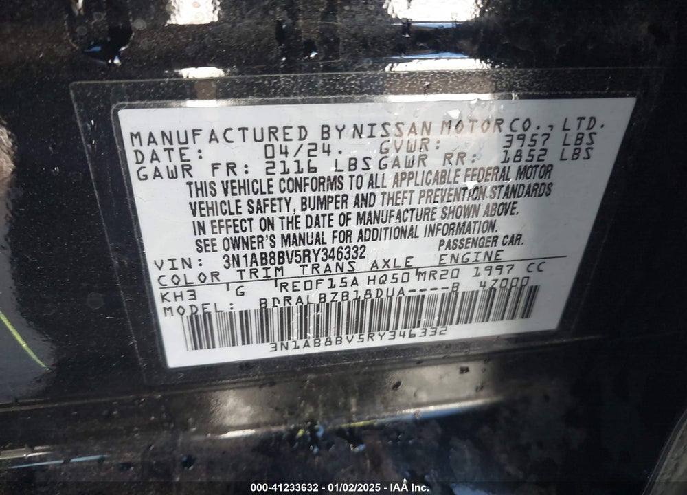 2024 NISSAN SENTRA S XTRONIC CVT VIN: 3N1AB8BV5RY346332