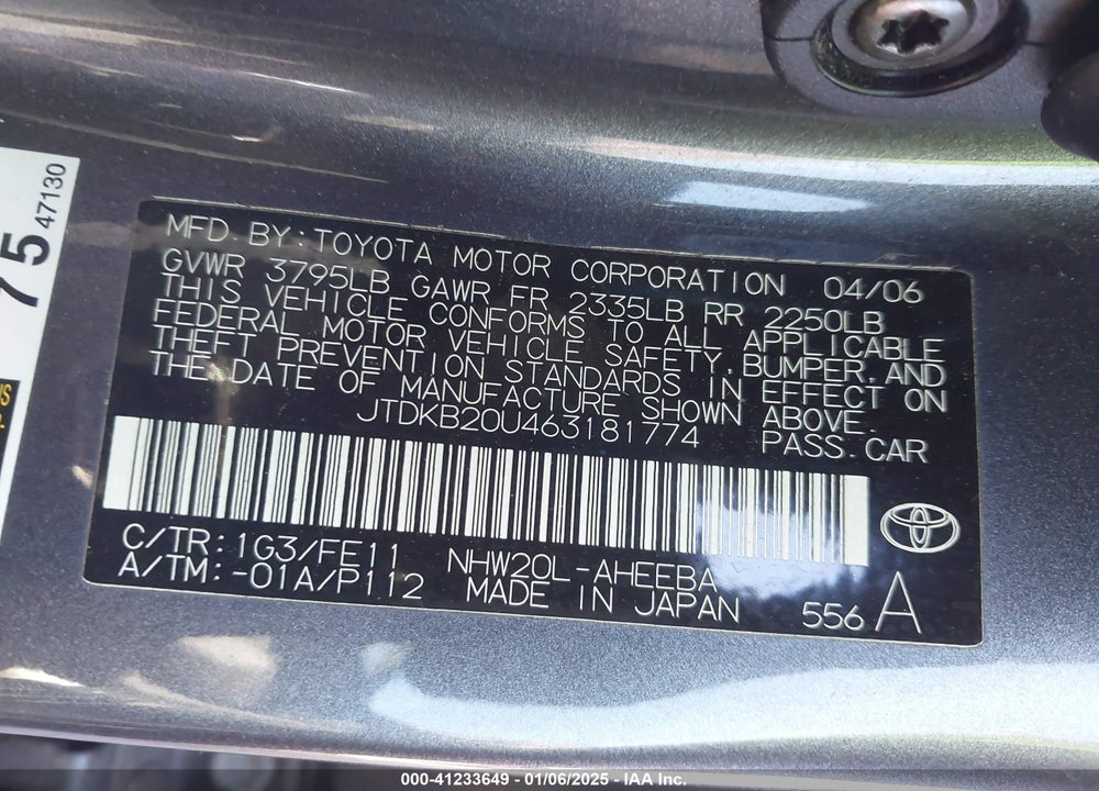 2006 TOYOTA PRIUS VIN: JTDKB20U463181774