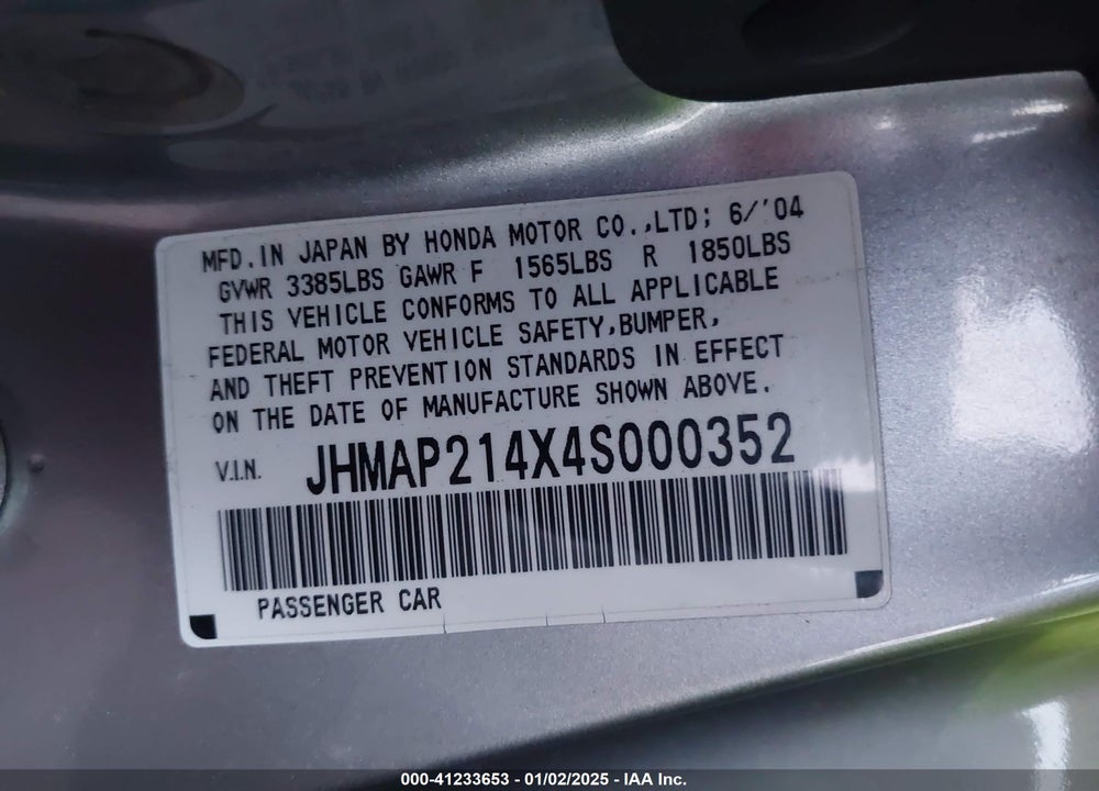 2004 HONDA S2000 VIN: JHMAP214X4S000352