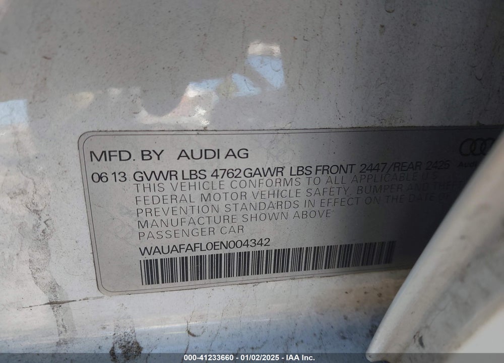 2014 AUDI A4 VIN: WAUAFAFL0EN004342