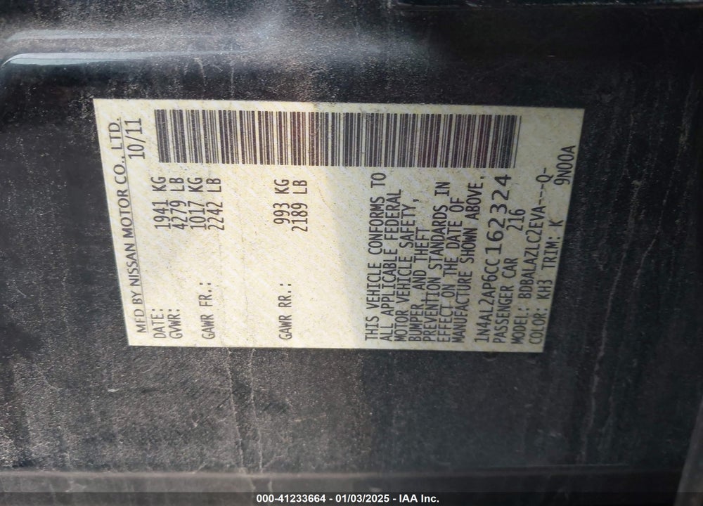 2012 NISSAN ALTIMA 2.5 VIN: 1N4AL2AP6CC162324