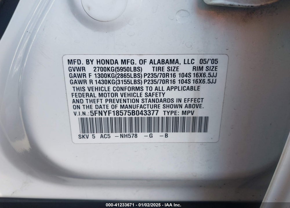 2005 HONDA PILOT EX-L VIN: 5FNYF18575B043377