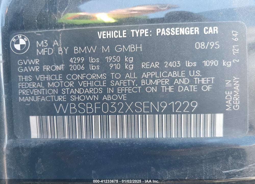 1995 BMW M3 AUTOMATIC VIN: WBSBF032XSEN91229