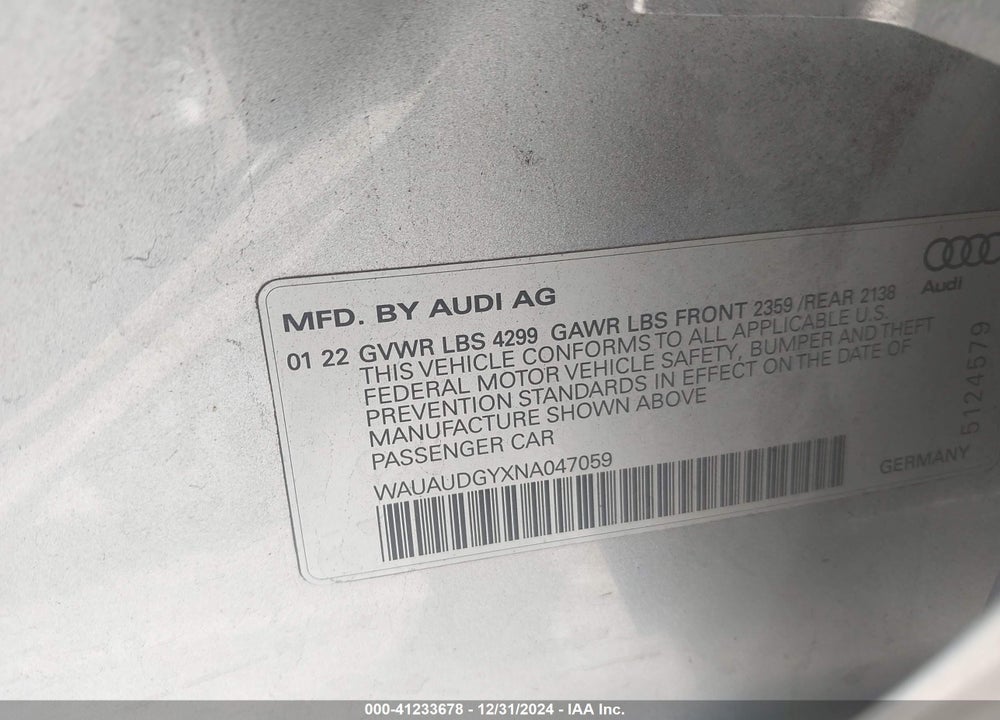 2022 AUDI A3 PREMIUM 40 TFSI FRONT-WHEEL DRIVE S TRONIC VIN: WAUAUDGYXNA047059