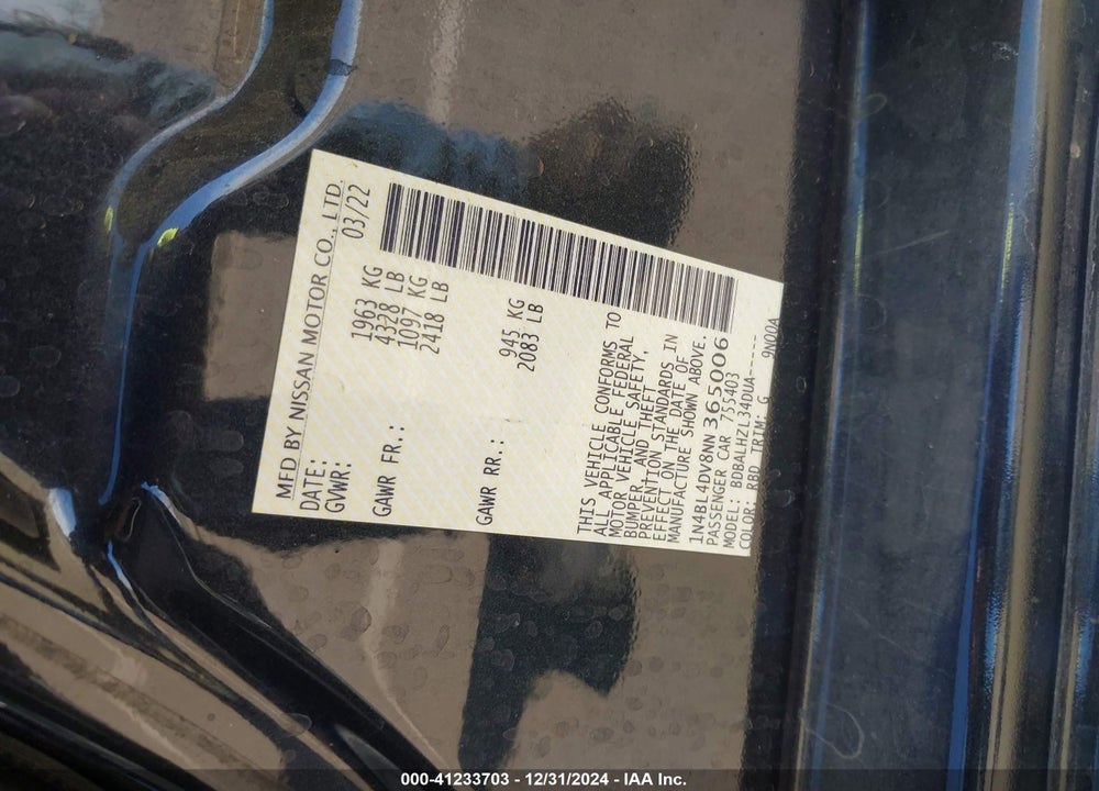 2022 NISSAN ALTIMA SV FWD VIN: 1N4BL4DV8NN365006