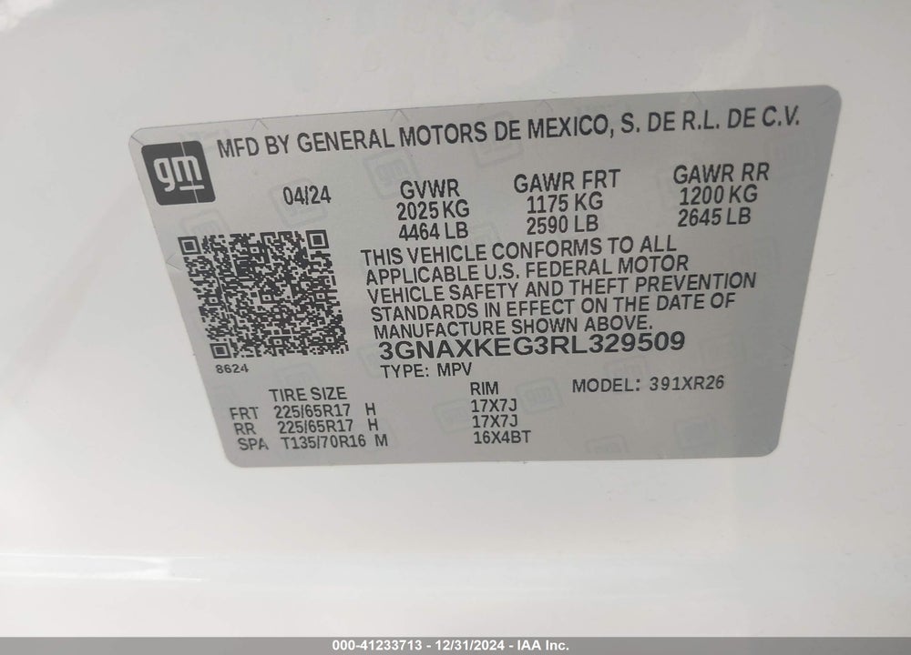 2024 CHEVROLET EQUINOX FWD LT VIN: 3GNAXKEG3RL329509