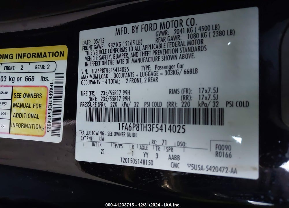 2015 FORD MUSTANG VIN: 1FA6P8TH3F5414025