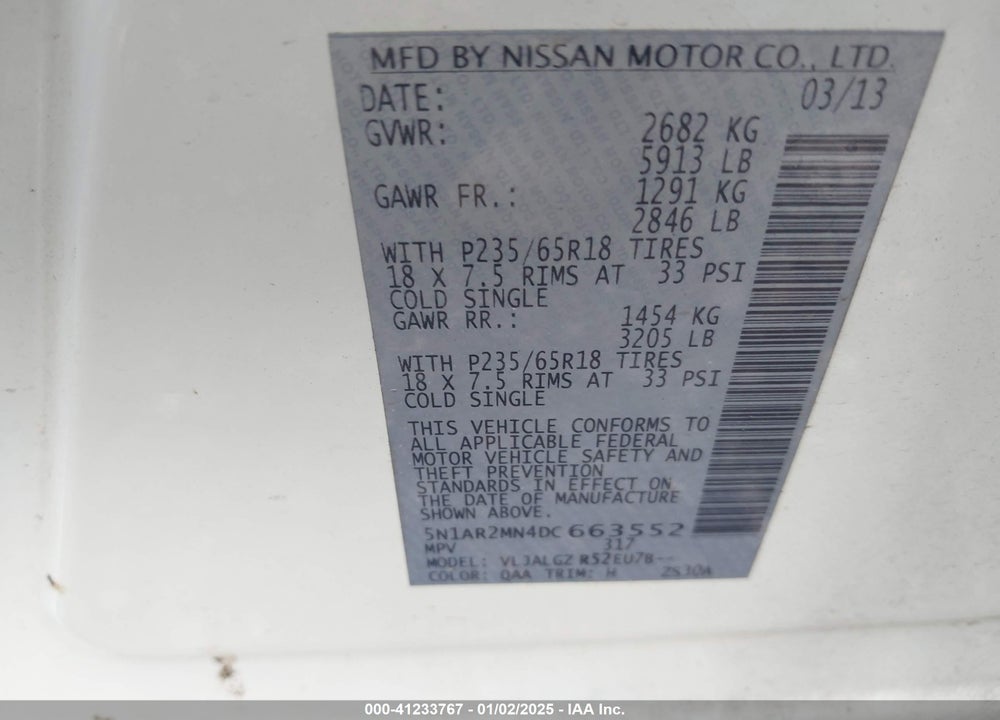 2013 NISSAN PATHFINDER SL VIN: 5N1AR2MN4DC663552