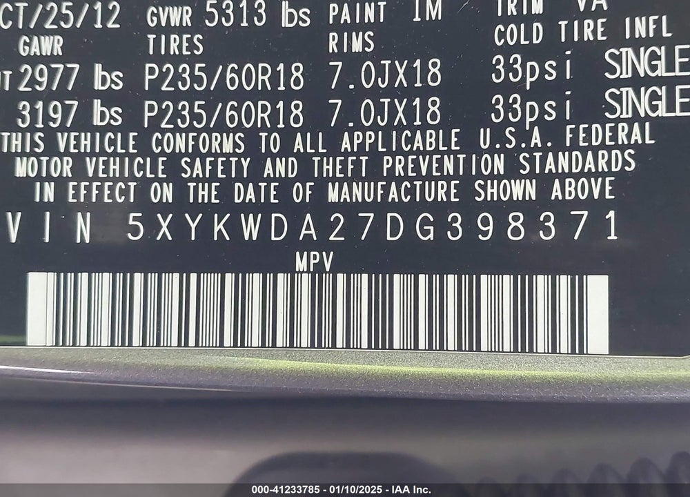 2013 KIA SORENTO SX V6 VIN: 5XYKWDA27DG398371
