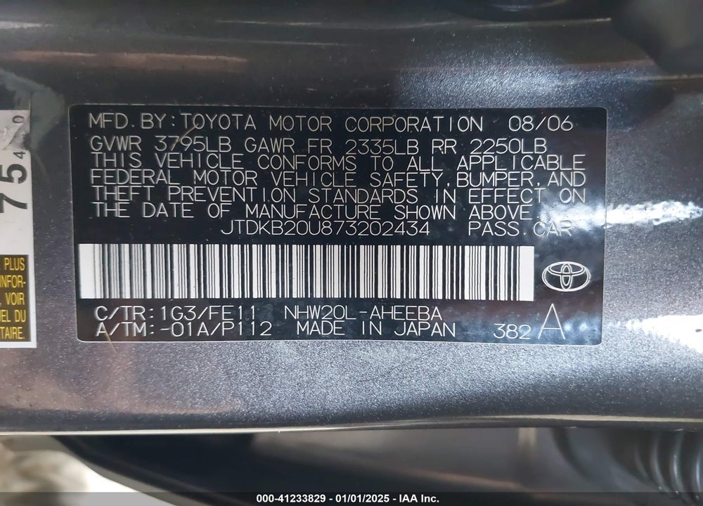 2007 TOYOTA PRIUS VIN: JTDKB20U873202434