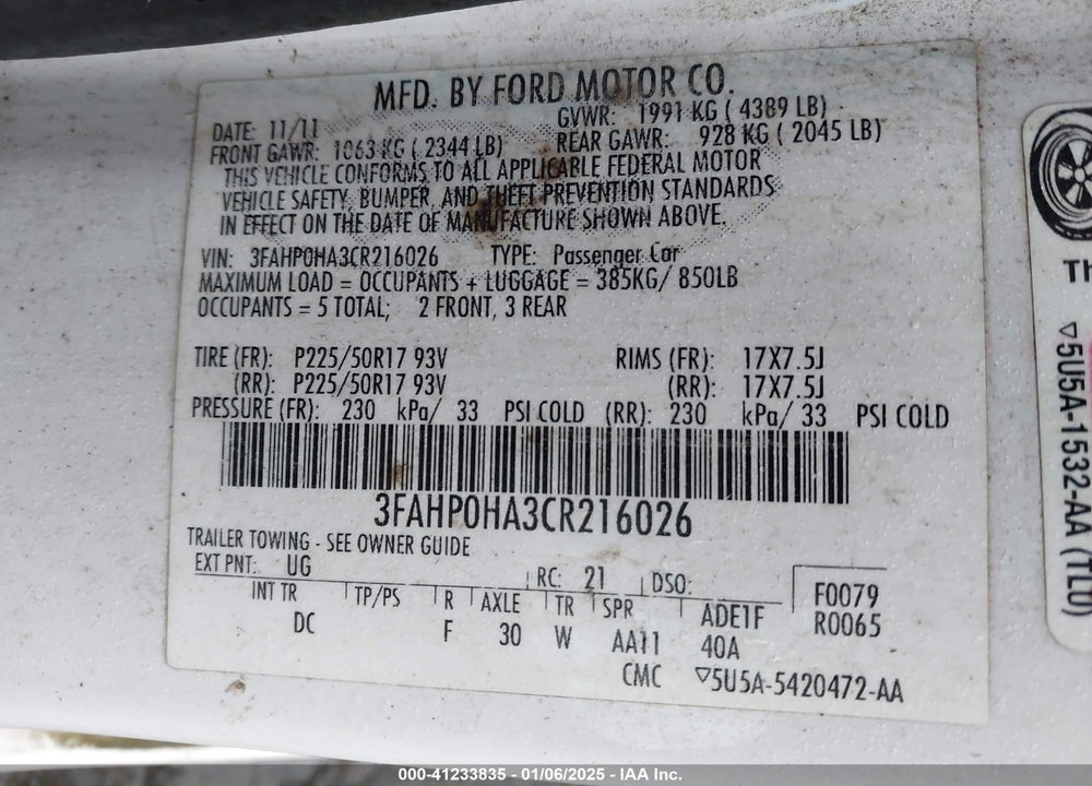2012 FORD FUSION SE VIN: 3FAHP0HA3CR216026