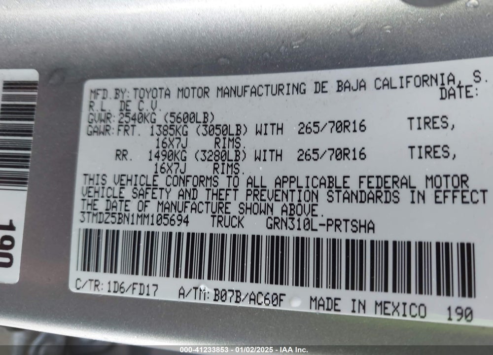 2021 TOYOTA TACOMA VIN: 3TMDZ5BN1MM105694